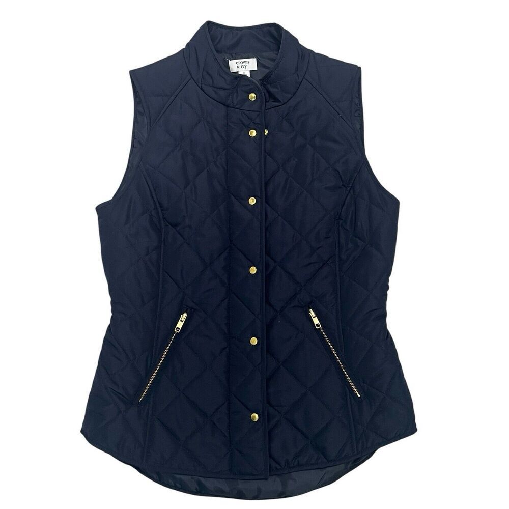 Crown & Ivy Quilted Full Zip Vest Snap Buttons Navy Blue Outdoor Women’s Size S